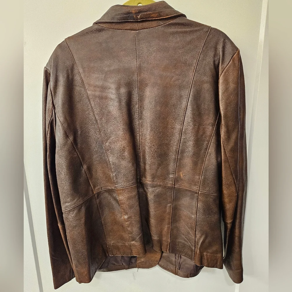 NWOT - Distressed Leather Venezia Brown Blazer - Vintage - 14/16 - Picture 8 of 10